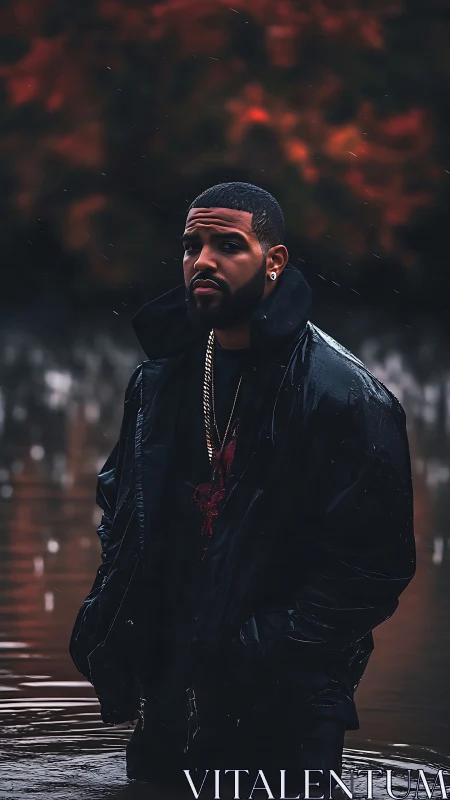 Portrait captures solitary man in rainlit autumn shallows
