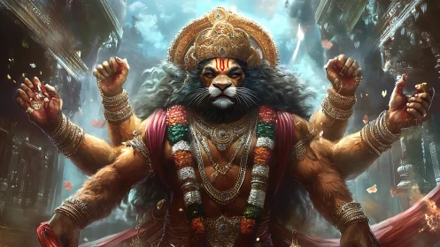 Lion-headed temple guardian unfurls radiant storm of arms.