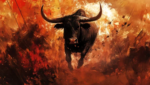 Charging black bull erupts through fiery abstract chaos