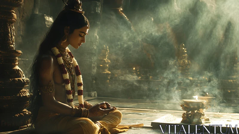 Meditating ascetic sits in golden temple light with incense