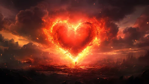 Flaming Heart Explosion in Apocalyptic Landscape