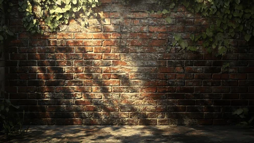 Weathered brick masonry with ivy and oblique sunlight rendering.