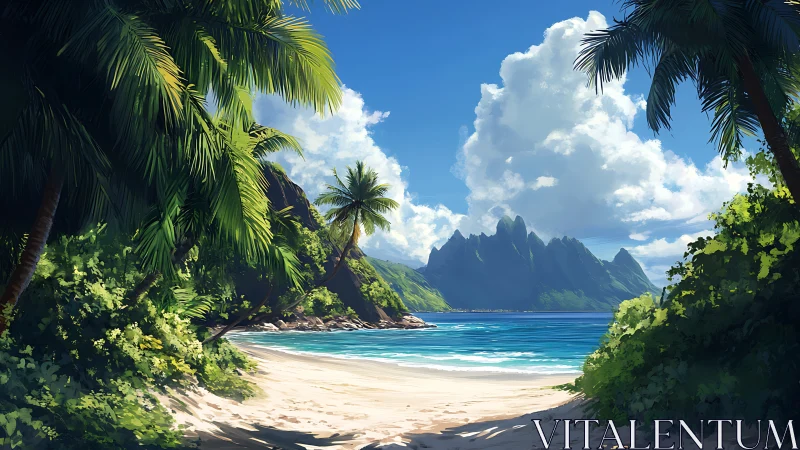 Tropical Paradise: Verdant Palms Frame Crystalline Lagoon and Dramatic Peaks