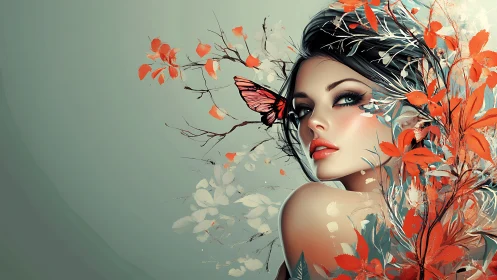 Digital portrait of woman with autumn leaves and butterfly.