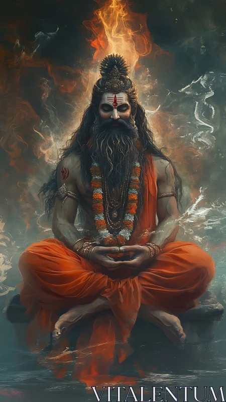 Ascetic yogi in fiery meditative trance, digitally rendered.