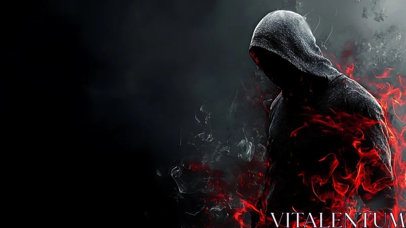 Hooded figure in infernal flames, high-contrast digital painting.