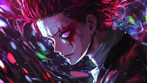 Scarred warrior glows with neon fury in swirling darkness.