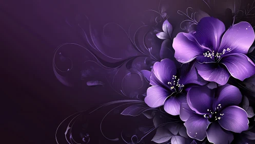 Purple Floral Composition with Ornamental Swirls.