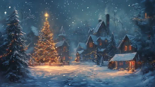 Snow covered village square with illuminated Christmas tree.