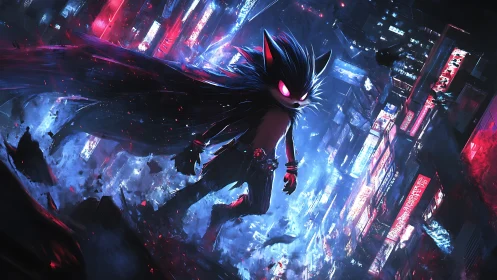 Cyberpunk hedgehog antihero over neon city canyon.