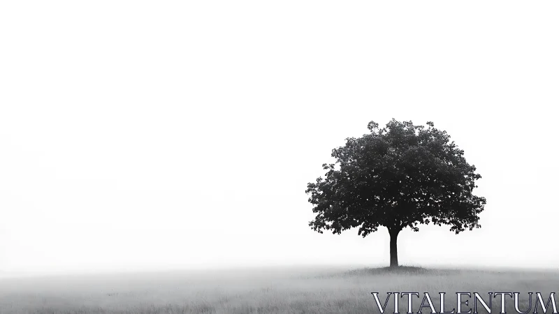 Solitary tree silhouette in foggy high-key minimalist field.