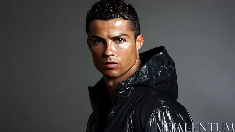 Intense male portrait in glossy black hooded jacket.