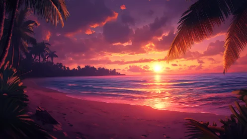 Tropical shoreline sunset rendered in vivid digital painting