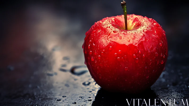 Macro study of dewy red apple on wet dark surface.
