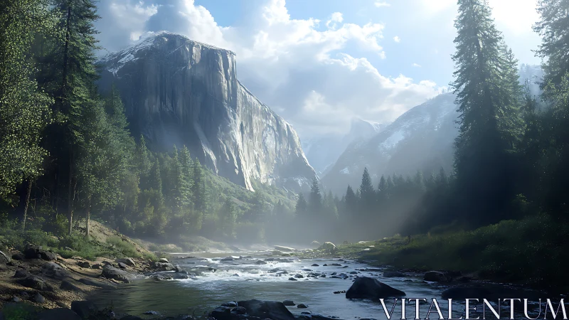 Mountain giant greets a silver river in misty morning hush.