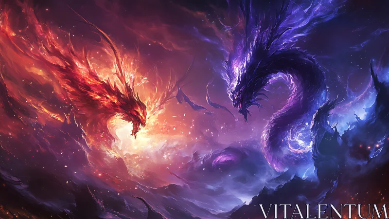 Elemental dragon figures in opposing luminous nebula field.