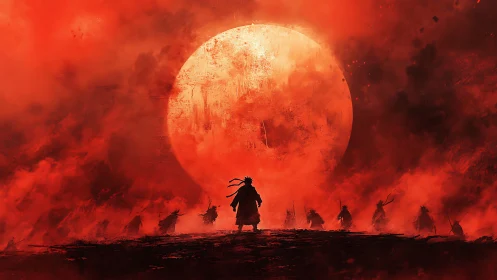 Samurai silhouettes advance before colossal blood-red sun