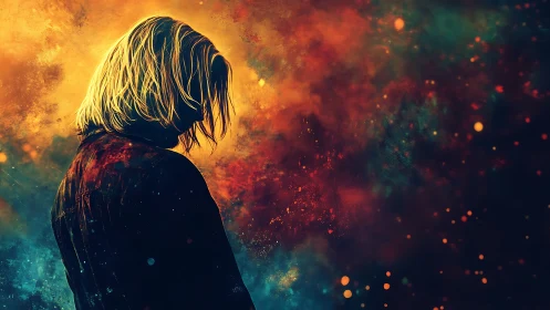 Silhouetted figure before multicolored abstract background.