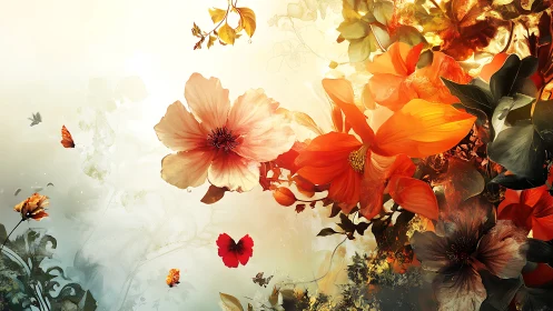 Large red-orange flowers with butterflies and foliage.