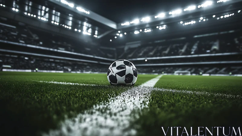 Match ball on illuminated pitch with cinematic bokeh focus.
