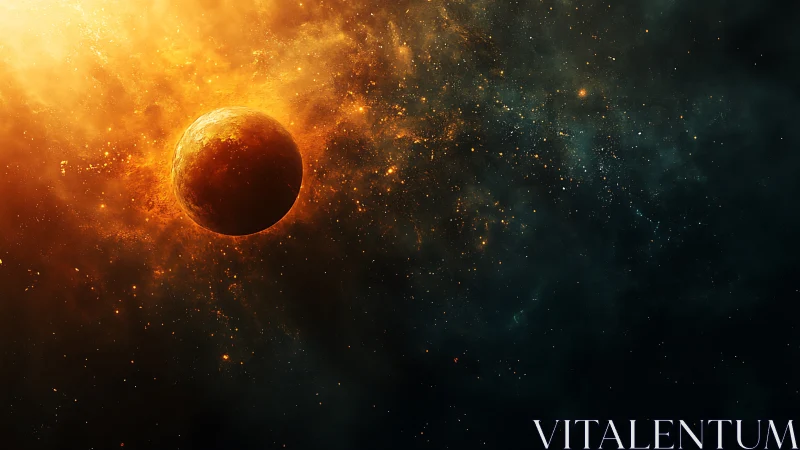 Fiery planetary body in dense orange and dark space field.