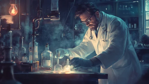 Lab-coated researcher manipulates volatile reagents under moody backlight