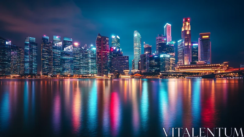 Neon-illuminated waterfront skyline with long-exposure reflections