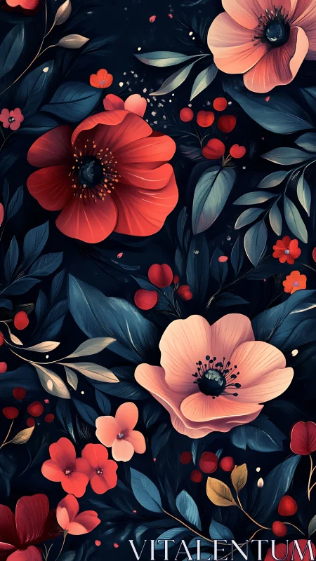 Dramatic Botanical Composition with Coral Florals Against Midnight Ground