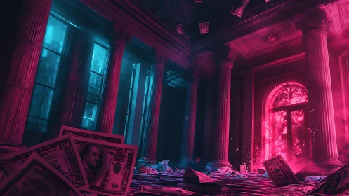 Neon-lit flooded bank interior with cascading currency chaos.