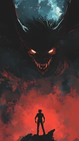 Silhouetted hero facing massive demonic bat under moon.