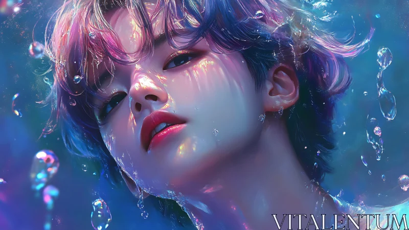 Iridescent submerged portrait glows with neon aquatic light