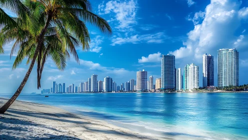 Tropical palm-framed skyline meets tranquil turquoise bay.
