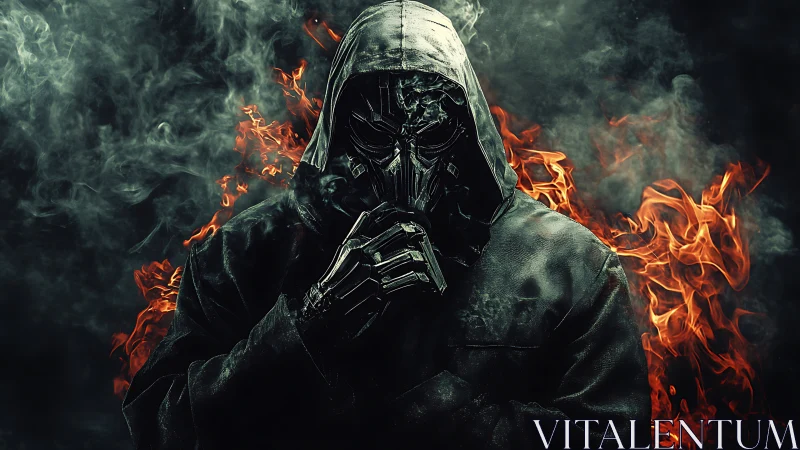 Hooded cybernetic figure in firelit smoke with cinematic contrast
