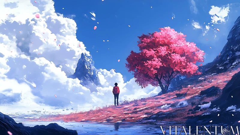 Solitary figure studies luminous cherry tree beneath monumental clouds