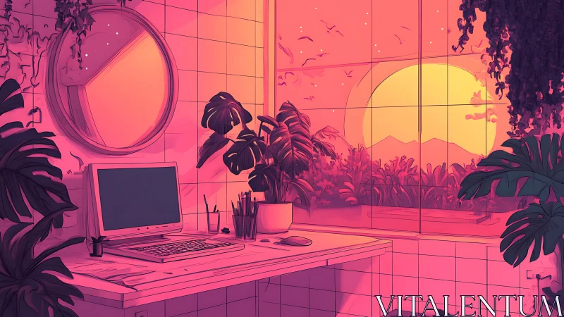 Digital painting of sunset workspace with lush indoor botanicals.