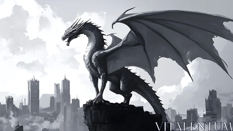 Steel‑scaled dragon crowns a ruined city in stormlight