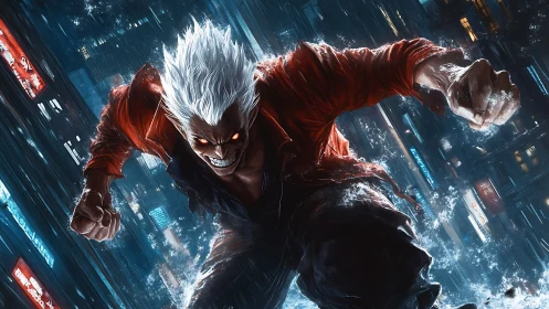 White-haired storm brawler dives through neon midnight rain.