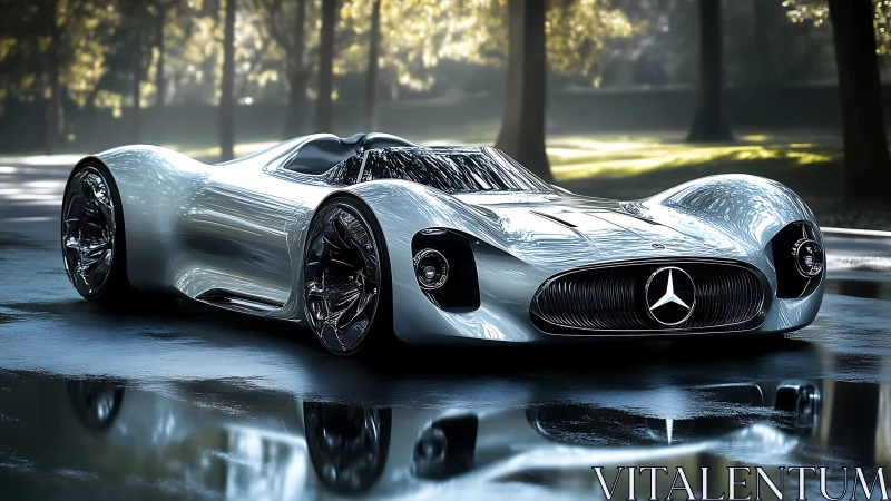 Low-slung aerodynamic Mercedes concept on reflective wet asphalt.