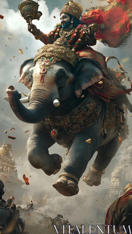 Regally adorned rider on caparisoned elephant in battle scene.