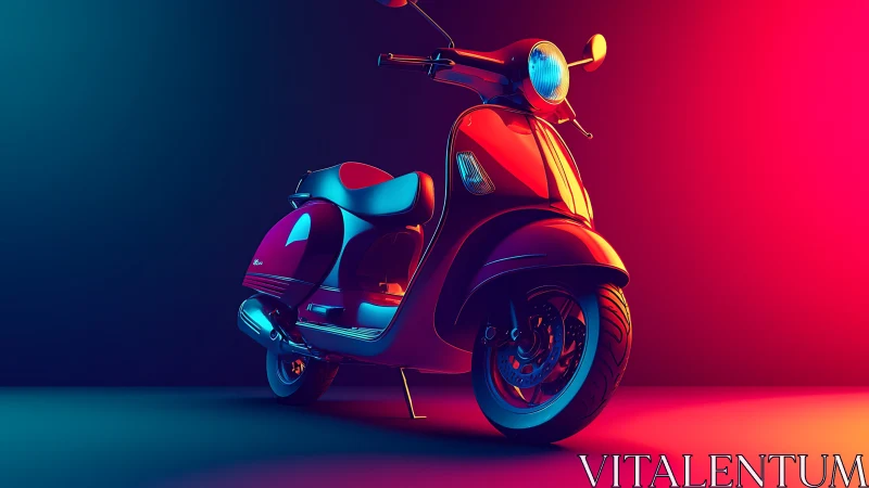 Red retro scooter stands under vivid blue and pink lighting
