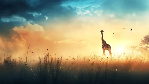Solitary giraffe in tall grassland under backlit sky at dawn.