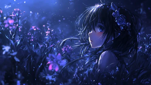 Moonlit flower field with a quiet, dreamlit anime girl.