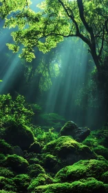 Sunlit Forest Canopy with Moss-Covered Boulders