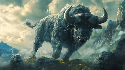 Mythic horned beast storms through misty alpine pass.
