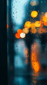 Rain streaked glass with urban bokeh lights at blue hour