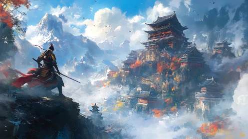 Armored warrior surveying multi-tiered mountain citadel complex.