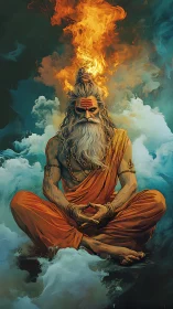 Meditating sage with fiery aura amid swirling clouds.