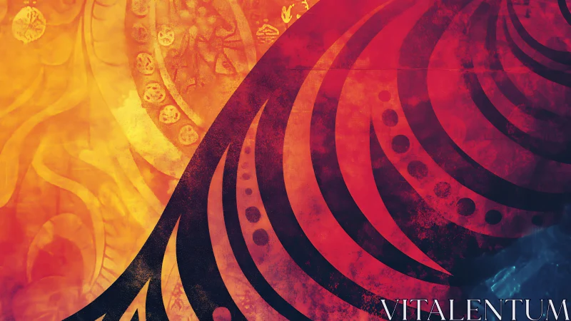 Solar ember swirls and tribal waves in volcanic dialogue.