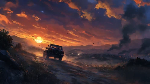 Off-road utility vehicle crossing smoky valley at incendiary dusk.