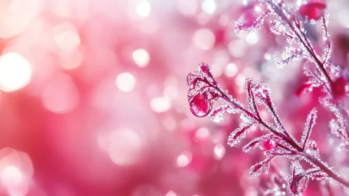 Glistening pink frost cradles delicate drops of winter light